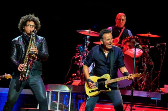 Bruce Springsteen, center, Max Weinberg, and Jake Clemons, left, perform with the E Street Band at Madison Square Garden, Wednesday, Jan. 27, 2016, in New York. (Photo by Robert Altman /Invision/AP)   http://www.timesunion.com/tuplus-features/article/Fan-gives-inside-reasons-to-see-Springsteen-6804364.phpORG XMIT: NYRA106